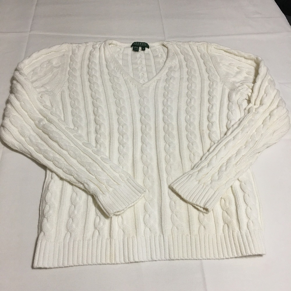 Lauren Ralph Lauren V-Neck Sweater Womens XL White Cable Knit